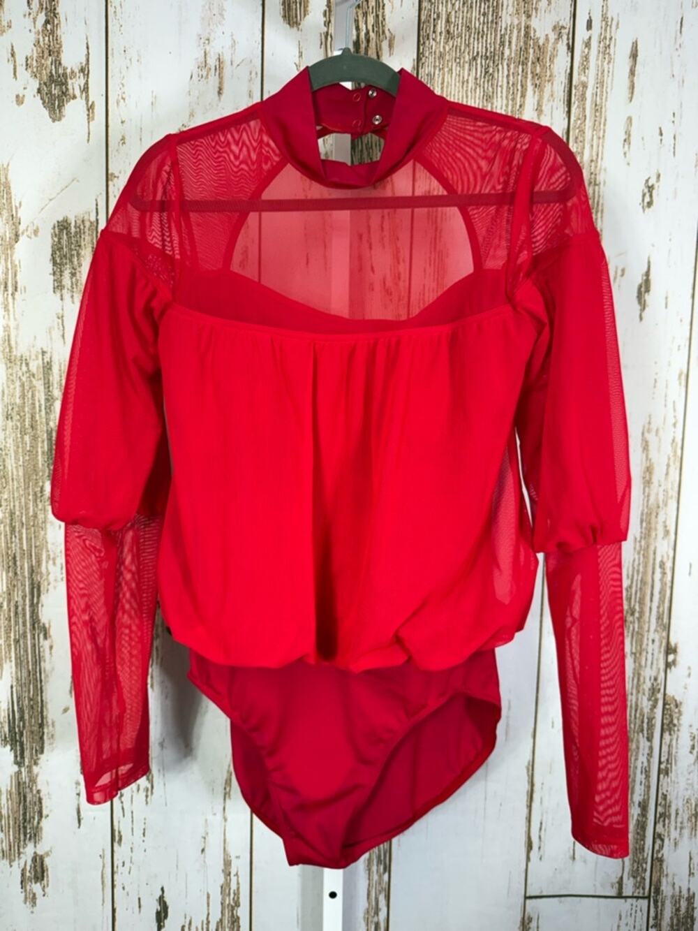 Balera Dance, Red Mesh Panel Long-Sleeve Bodysuit. Size Large Adult.